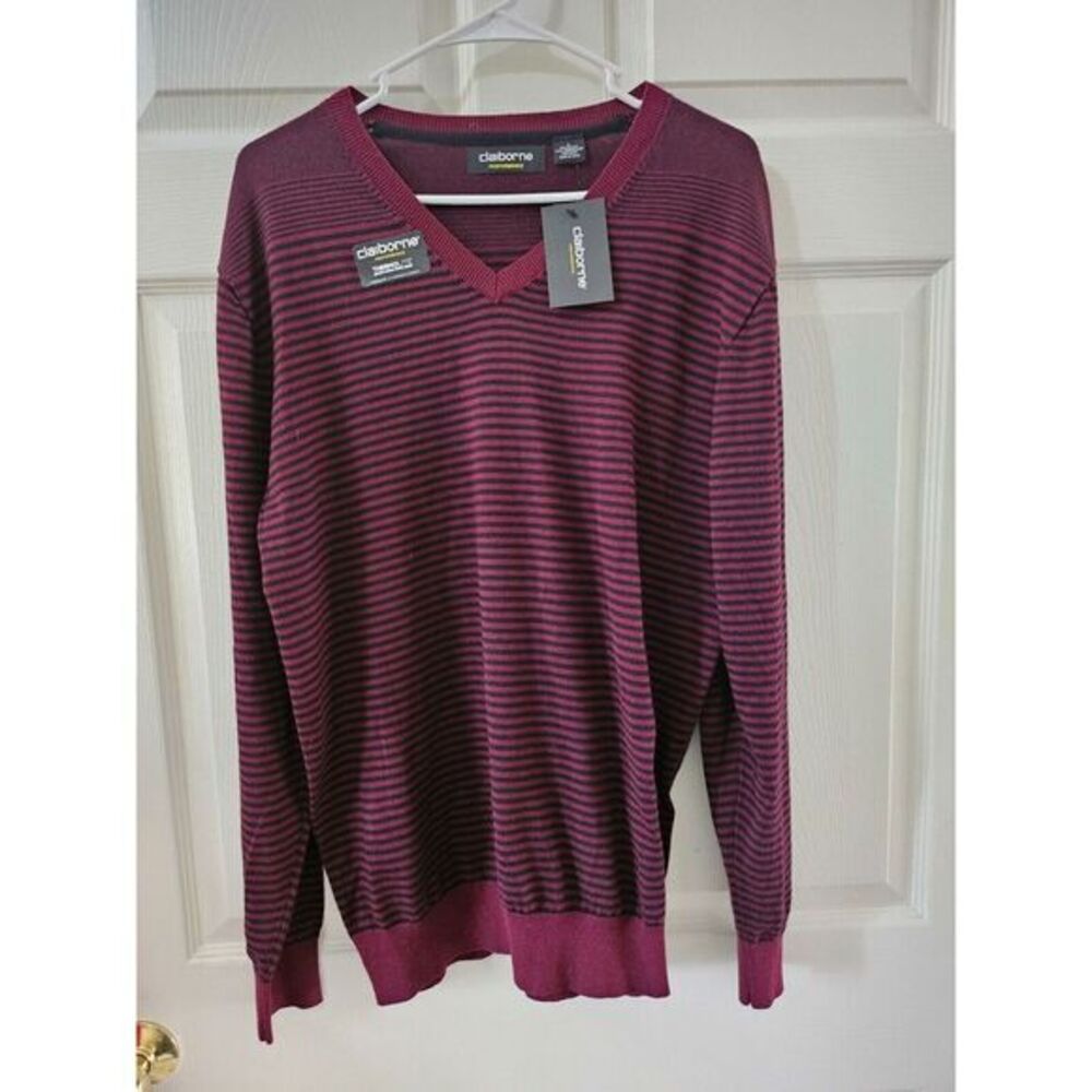 Claiborne Performance Men's Maroon/Black Stripe V Neck Sweater Size Lg‎ NWT $50